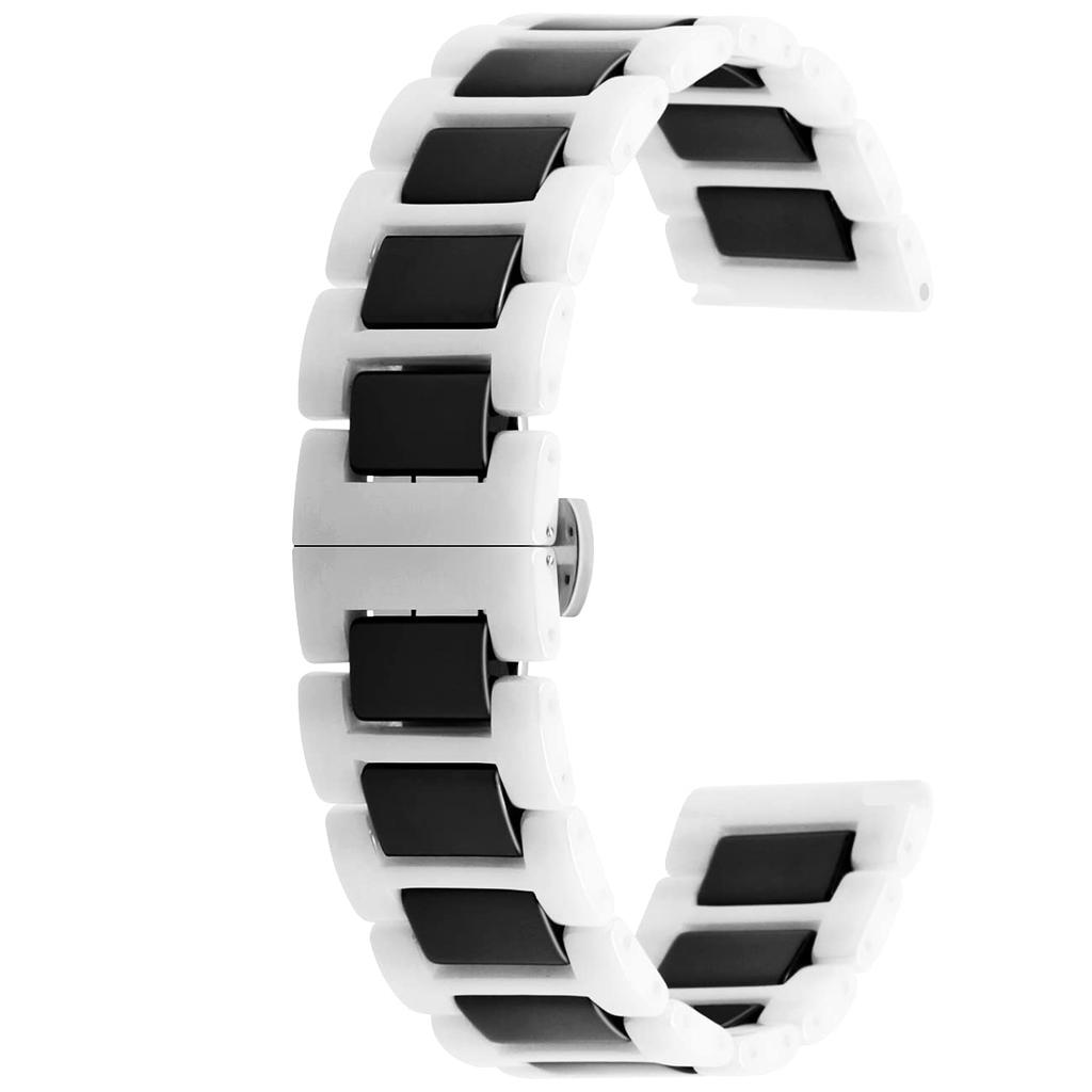 Kai Tian 20mm Quick Release Watch Strap for Men and Women, White and Black Ceramic Links, Replacement Watch Strap, Stainless Steel with D-Buckle