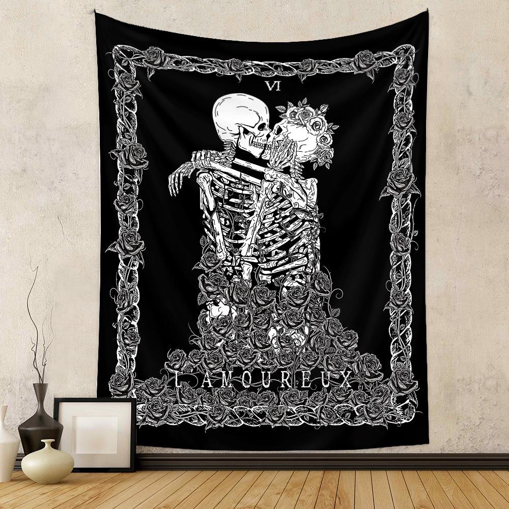 The Lovers Tarot Card Tapestry Skeleton Kissing Wall Hanging Vintage Floral Polyester Decor for Bedroom Living Room Aesthetic