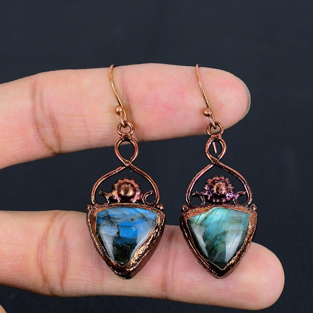 Labradorite Handmade Gemstone Earrings, Copper Electroformed Antique Jewelry Earrings, For Engagement Gift