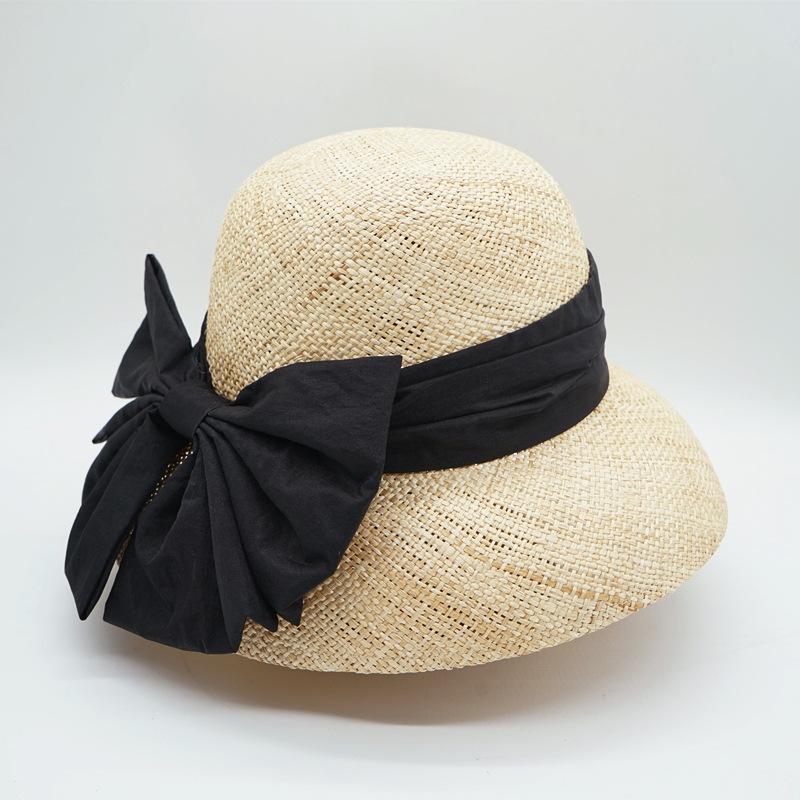 French Retro Elegant Bow Treasure Grass Bell-Shaped Basin Hat Female Summer Celebrity Woven Straw Hat Sun Protection Shade Beach