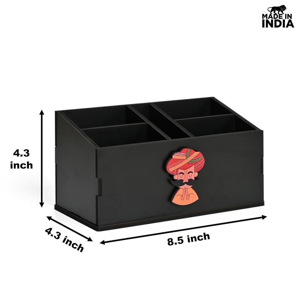 Stand with 5 Sections  Wooden Remote Holder for Living Room, TV, and AC | Stationary Organizer | 5 In 1 | Ideal for Home and Office (Black Rajasthan)