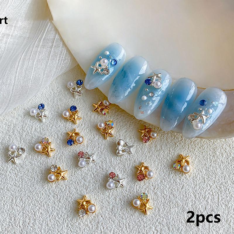 2Pcs 3D Exquisite Alloy Nail Art Charms Kawaii Starfish Pearl Design Nail Rhinestone Decorations Diy Accessories