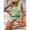 A Two-piece Set, Slightly Stretchy Fabric V-neck Top with Fake Button Details, Sleeveless Top and Shorts, Casual Vacation.