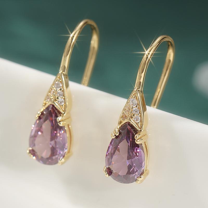 

Vintage Gold Color Purple CZ Dangle Earrings Woman Geometric Fashion Party Daily Wear