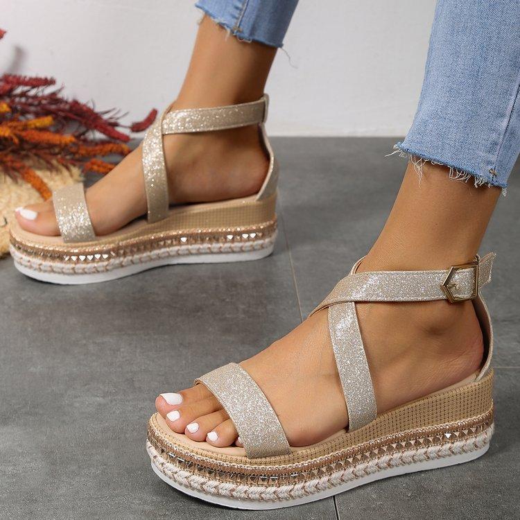 Sandali Estivi Nuovi con Fibbia e Tacco a Zeppa Scarpe Bocca di Pesce Taglia Grande Moda Punta Tonda Calzature Comode con Fondo Spesso