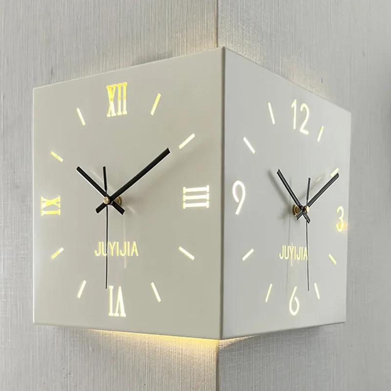 Nordic Wall Clock Lights Corner Double Sided Wall Clocks Square Living Room Clock Roman Minimalist Design Clocks Modern Stylish