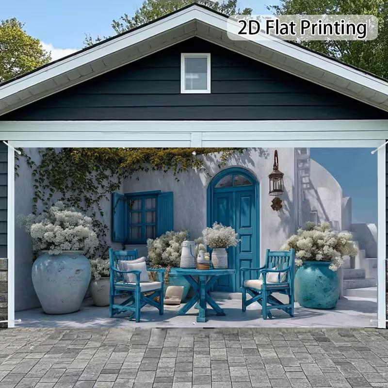 

2D Mediterranean Blue House Backdrop, Aegean Courtyard Background Cloth for Photoshoot 47.2x31.5inch/120*80cm