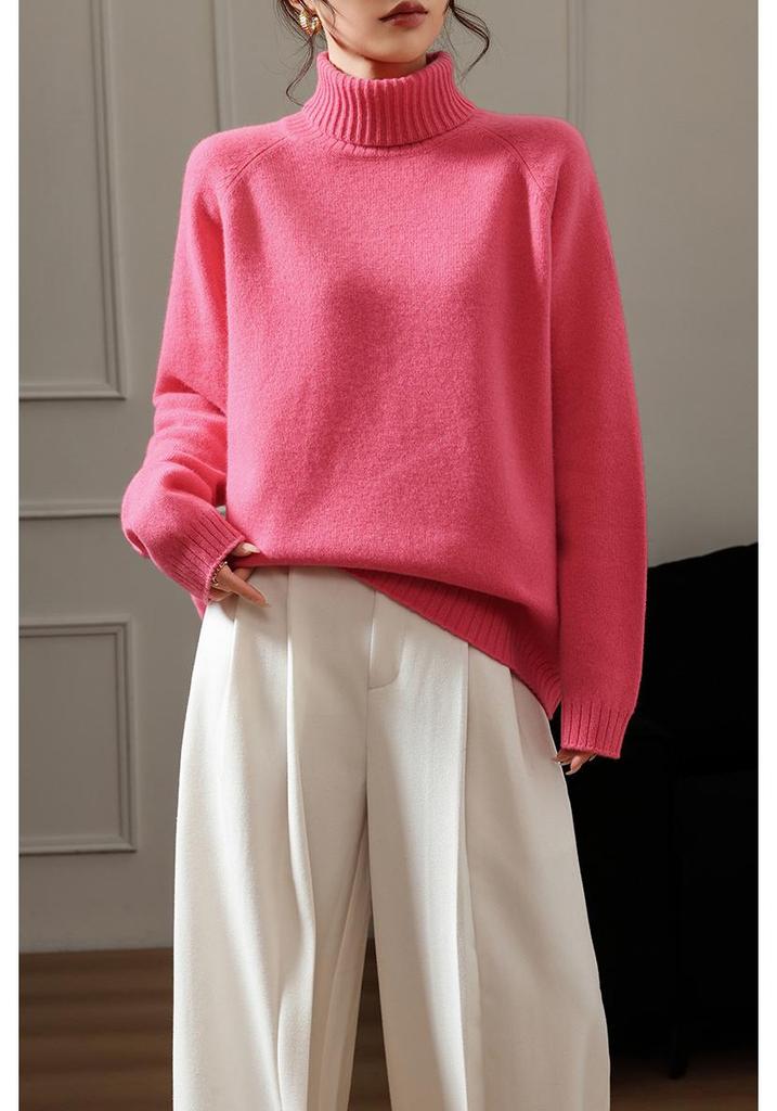 100% Pure Wool Women's High Neck Thick Raglan Sleeve Sweater - Loose Fit Base Layer Knitwear