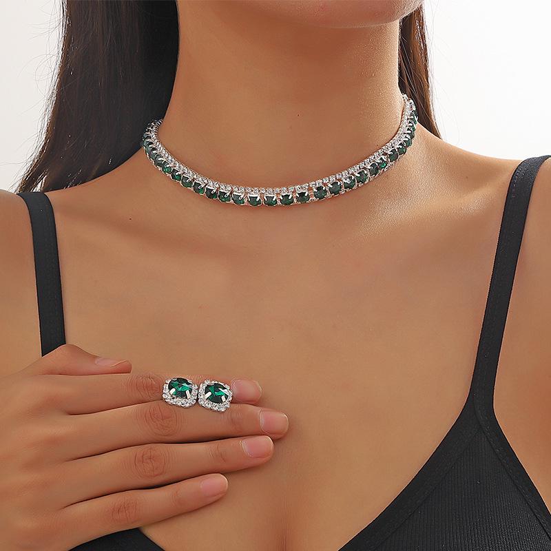 European & American Green Blue Choker Necklace & Stud Earrings Set for Women - Ideal for Weddings & Evening Dresses