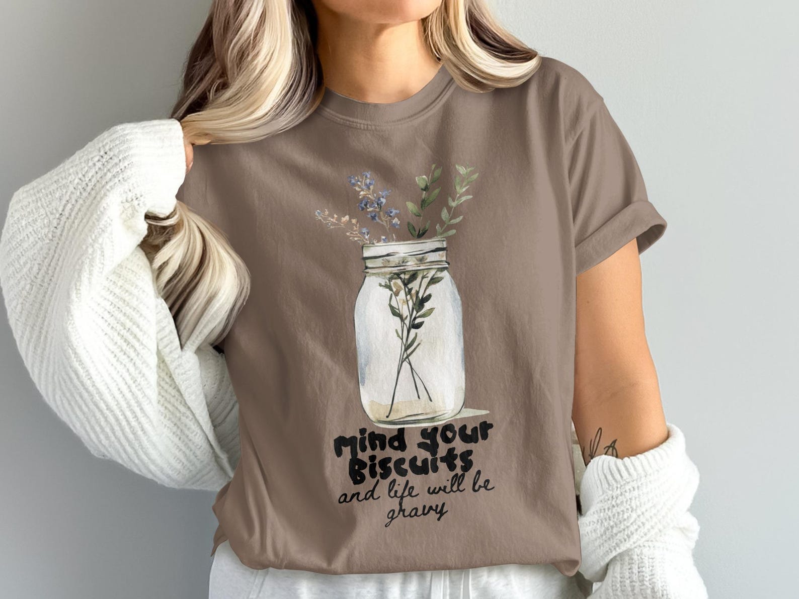 Cottagecore Mason Jar T-Shirt, Watercolor Botanical Tee, Lavender Greenery Shirt 4XL