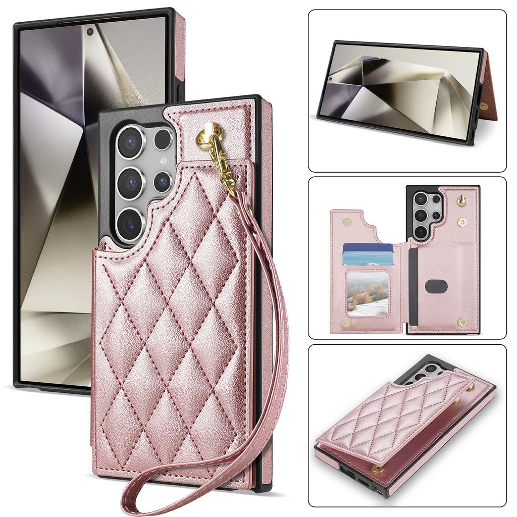For Samsung Galaxy S24 Ultra Case with Wrist Strap Card Slots Rhombus Leather+TPU Phone Cover