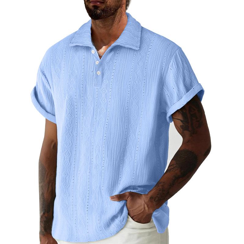 Summer Men Hollow Out Textured Polo Shirt Casual Roll Up Sleeve Top