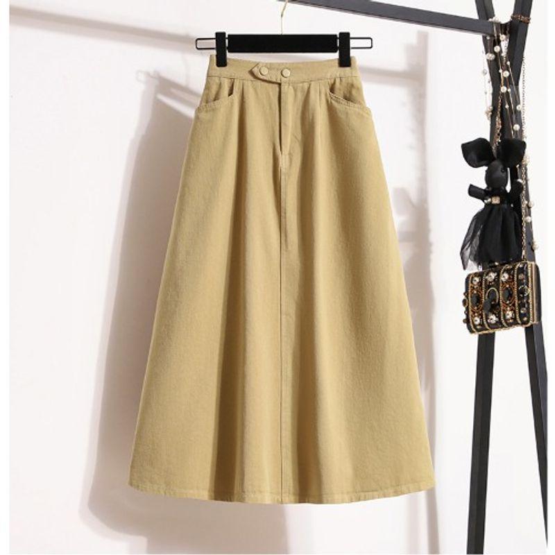 

Retro Artistic Hong Kong Style Elastic High Waist Commuter Ol Fashion A Word Plus size Washed Cotton Casual Midi Skirt for Women Khaki 4XL