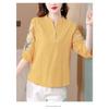 Women Summer Stand Collar Half Button Floral Embroidery Half Sleeve Casual Linen Blend Blouse