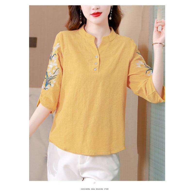 Women Summer Stand Collar Half Button Floral Embroidery Half Sleeve Casual Linen Blend Blouse