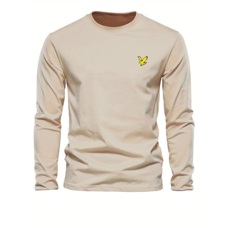 Men's 100% Pure Cotton Loose Fit Comfortable Casual Sports Eagle Pattern Printed Round Neck Long Sleeved T-shirt Top