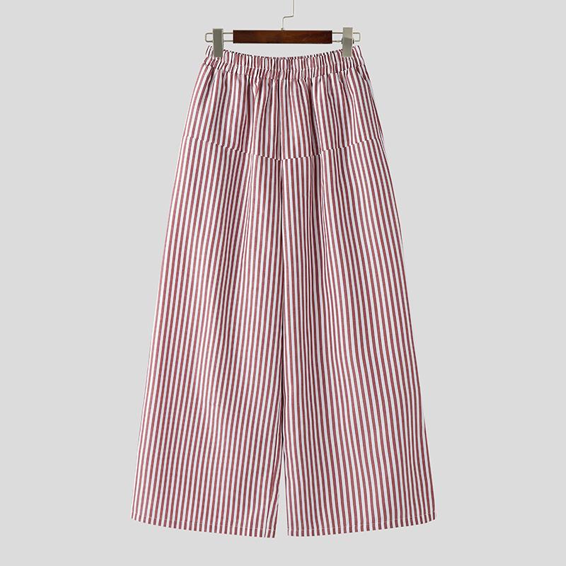 INCERUN Men Elastic Waist Casual Loose Striped Wide Leg Trousers Long Palazzo Pants