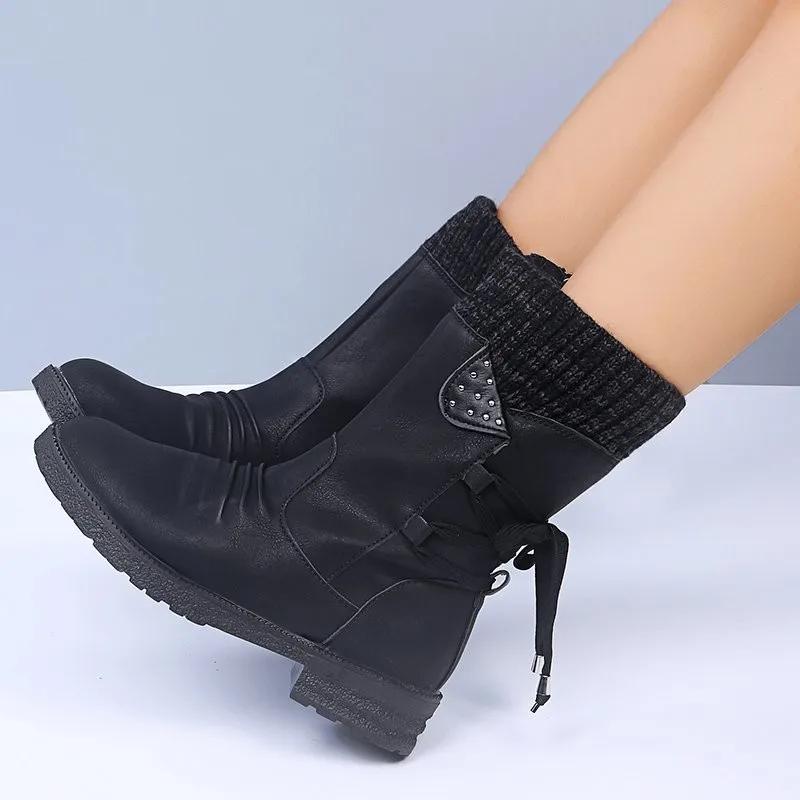 Mode Damen Retro Warme Wollstiefel Wintermode Schnürung Plateau Lässige Baumwollschuhe Flauschiges Plüsch Wildleder Kälteabweisende Kurze Schneestiefel