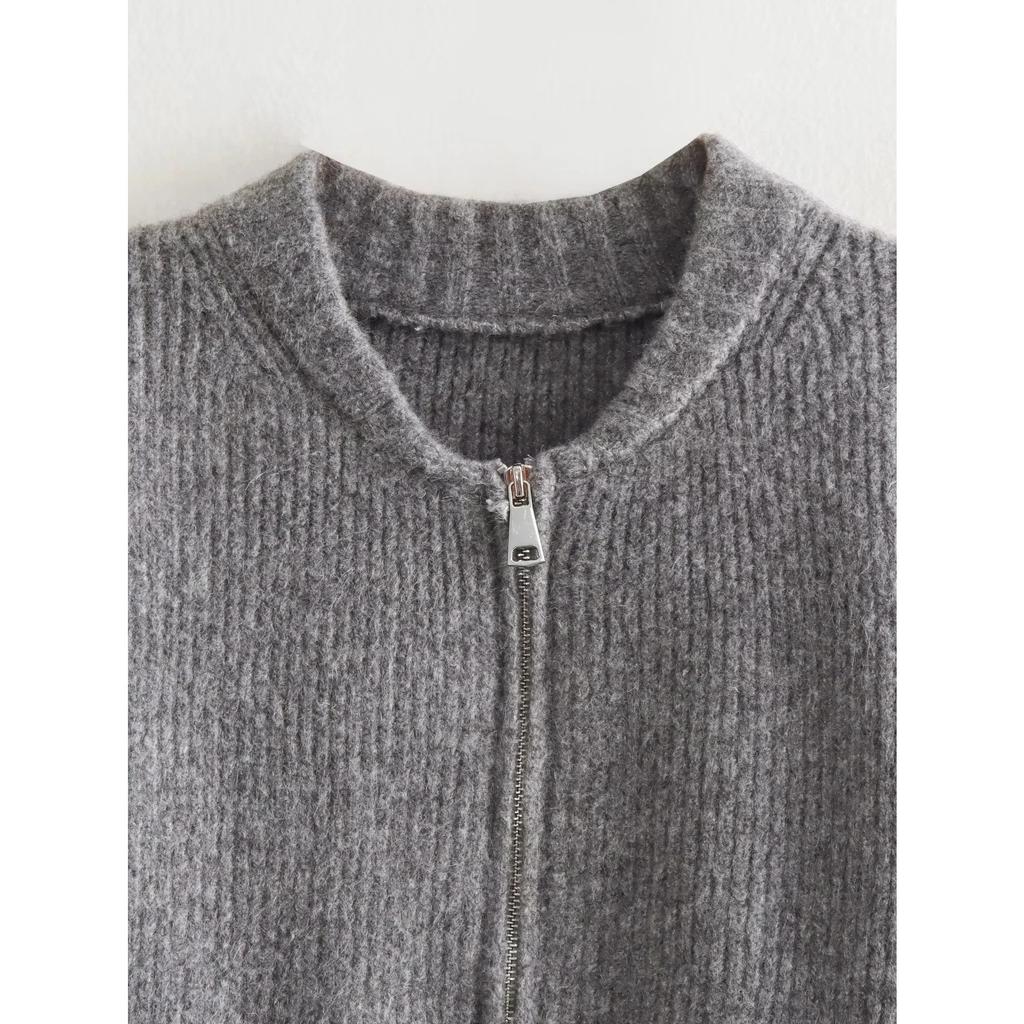 Danmo Women Vintage Solid Color Coat Long Sleeve Round Neck Sweater Jacket Spring Female Casual Zipper Sweater Coats