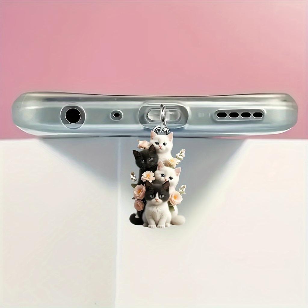 2D Acrylic Four Little Kittens Flower Phone Dust Plug, Bright Colors That Last, Dust-Proof and Durable, Suitable for Holiday Gifts