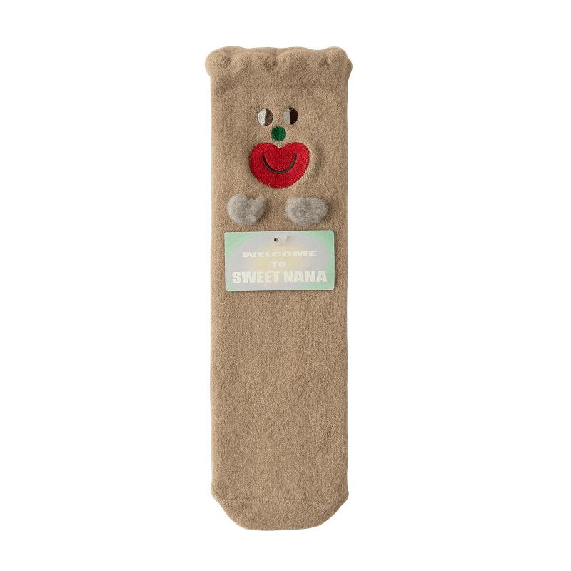 

Cute Cartoon Coral Fleece Socks Women S Three-Dimensional Ears Fleece Thickened Medium Tube Socks Expression Embroidery Home Sleep Socks one size кофейный