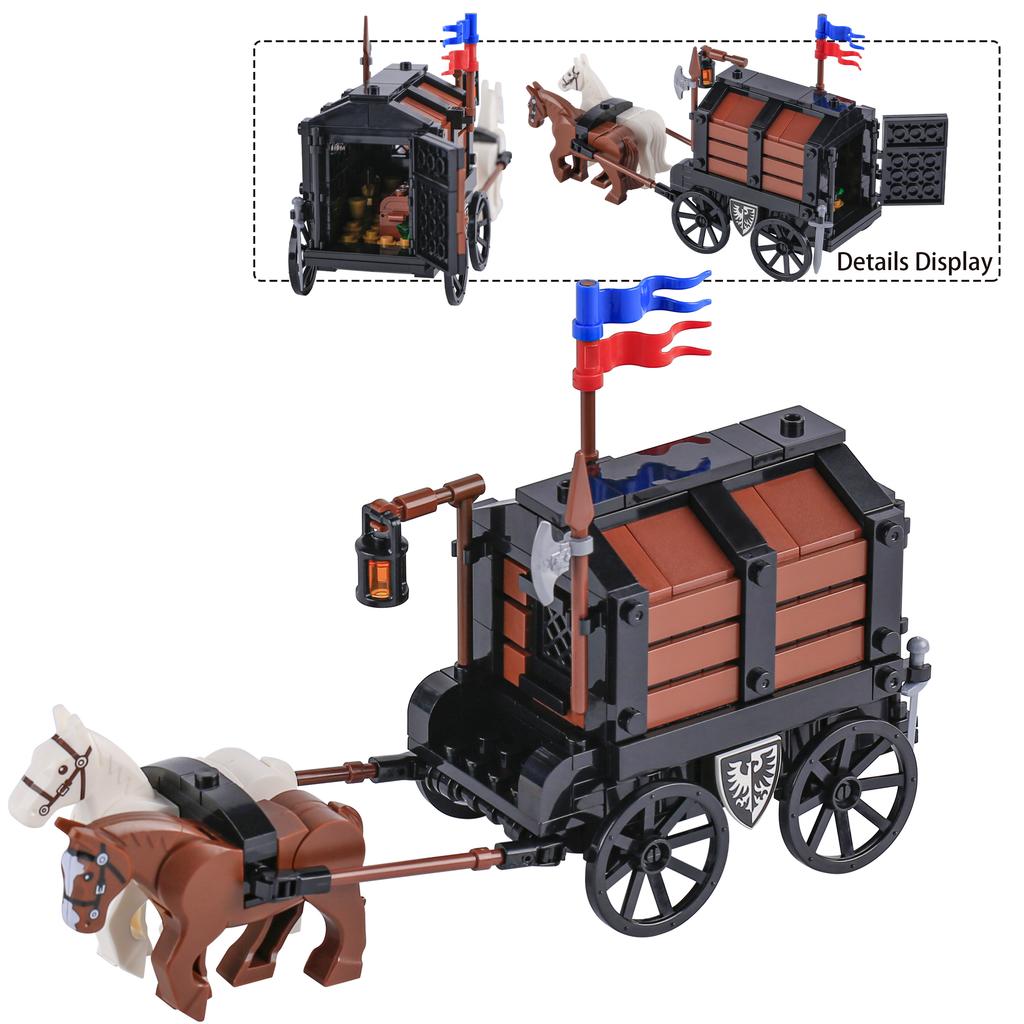 MOC Bricks War Medieval Carriage Building Blocks Knights Transport Cattle Cart Travelers Sachet Horse Chariot Prison Weapons Toy