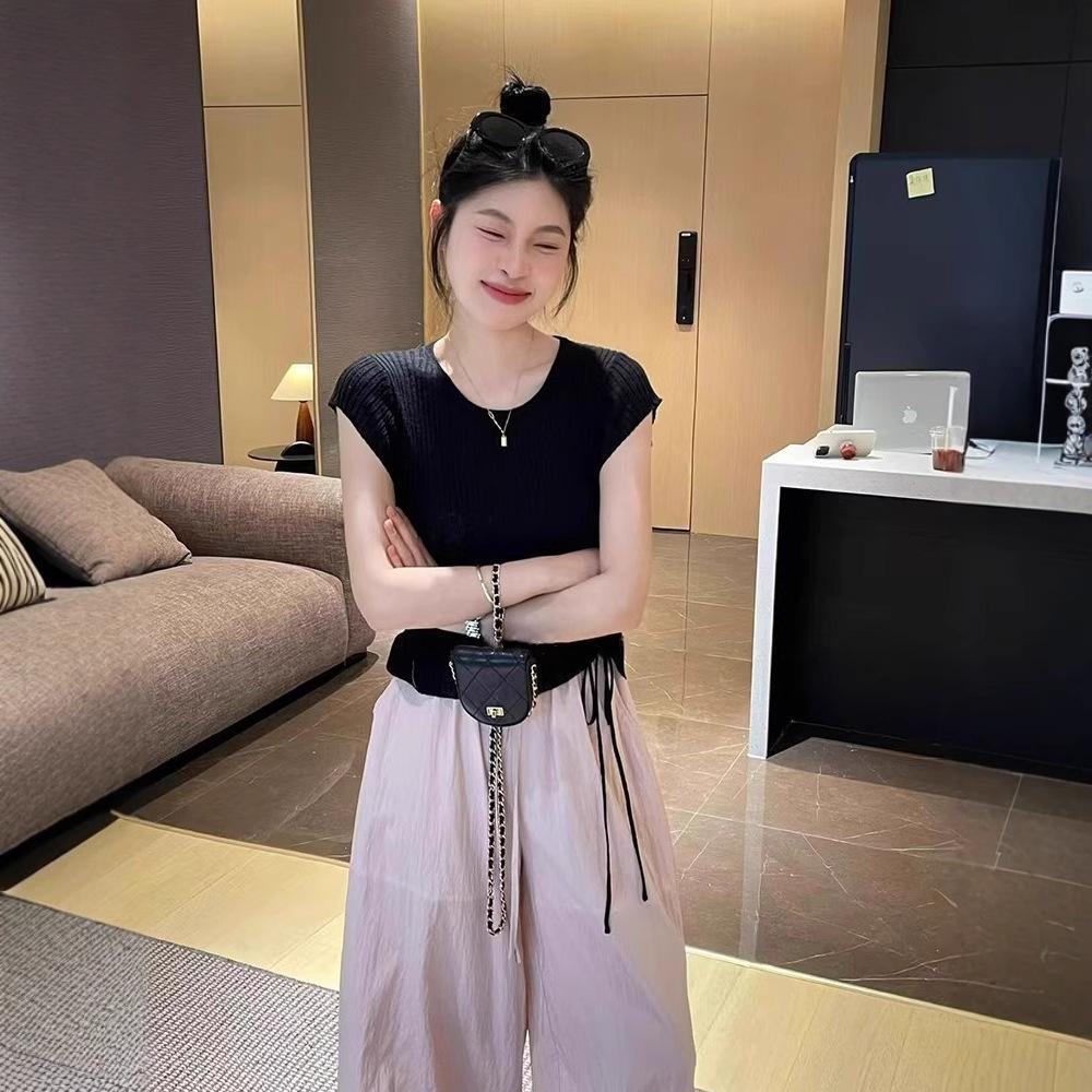 Chic Blue Flutter Sleeve Ice Silk Knitted Women's Summer Drawstring Top