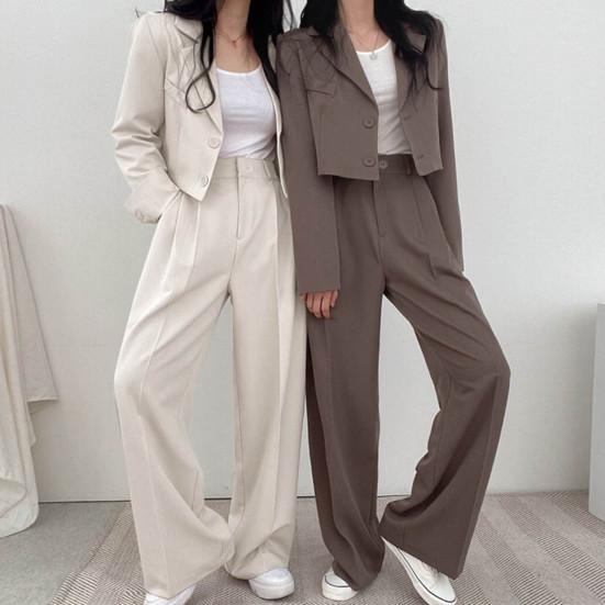 2 buc/set femei set rever jachetă cu un singur piept cardigan lat cu mânecă lungă haină pantaloni picior talie înaltă