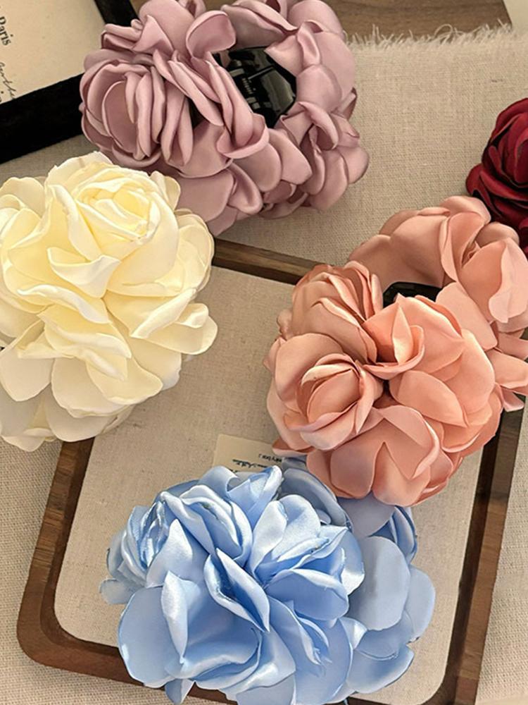 Fashion Satin Rose Flower Large Hair Claw Clip for Women  Spring Summer Trendy Design Korean Colored Hairpin Headdress