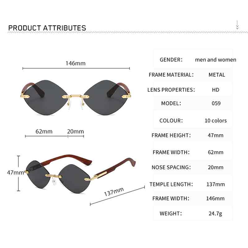 Fashion Rimless Sunglasses Women Luxury Vintage Brand Sun Glasses Retro Trend Diamond Lady Shades Eyewear Sunglasses for Men