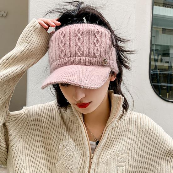 Yousheng Damen Baseballkappe Verlängerter Schirm Leerer Oberteil Einfarbig Strickmütze Verdickte Plüsch Faux-Kaninchenfell Mütze