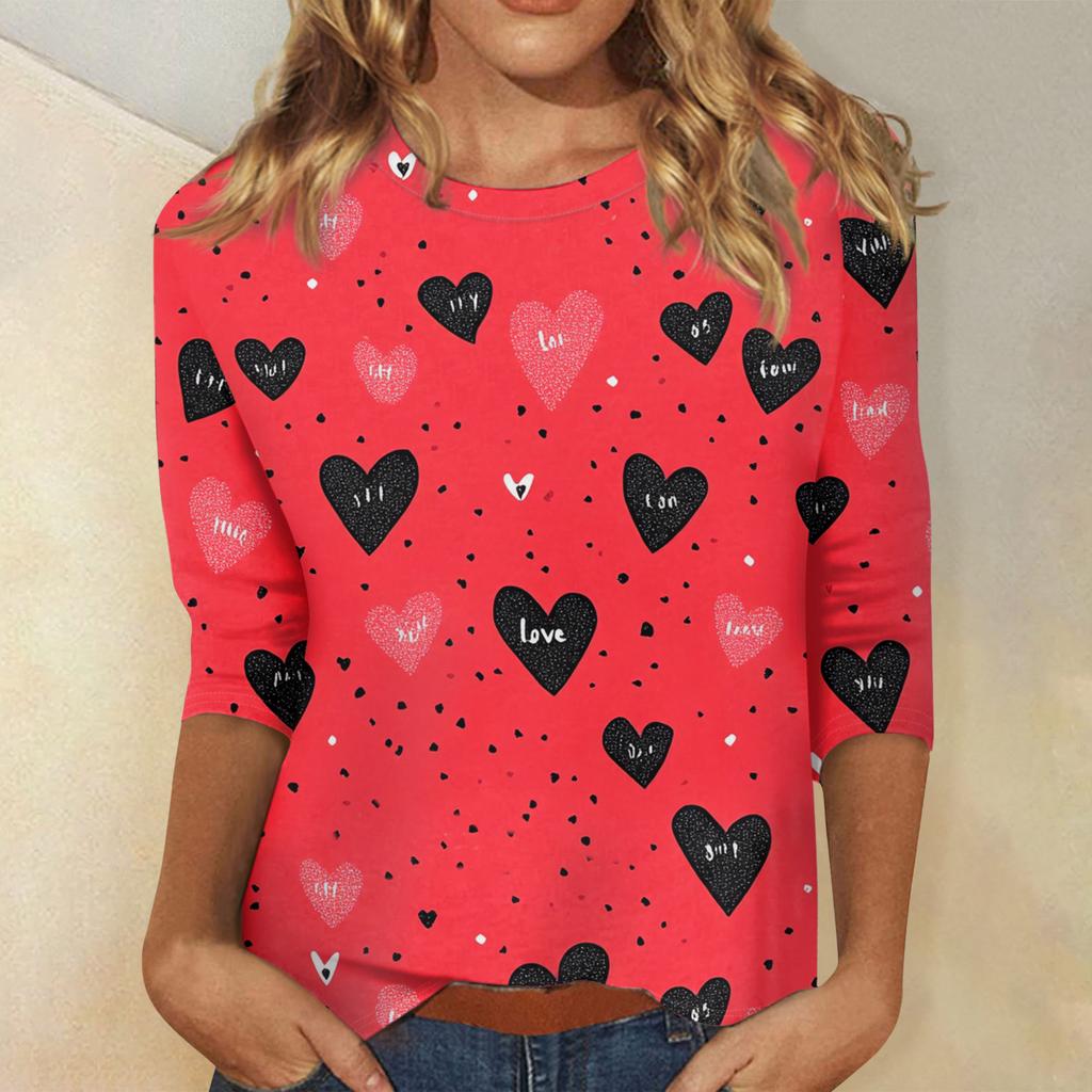 Women's Tops Three-quarter Sleeve Valentine's Day Shirt Round Neck Loose Casual Shirt