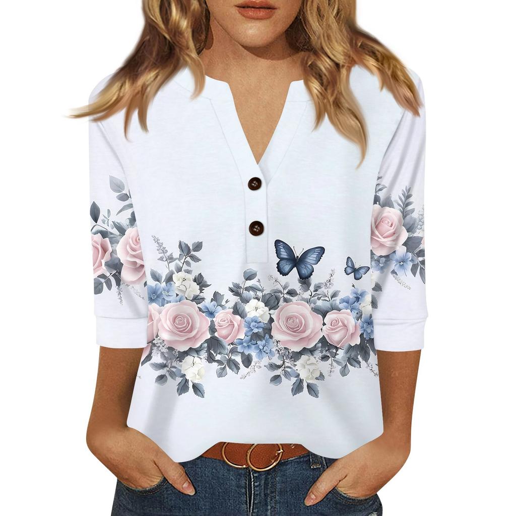 Women's T Shirt Print Button 3/4 Sleeve Daily Weekend Fashion Basic V- Neck Regular Top
