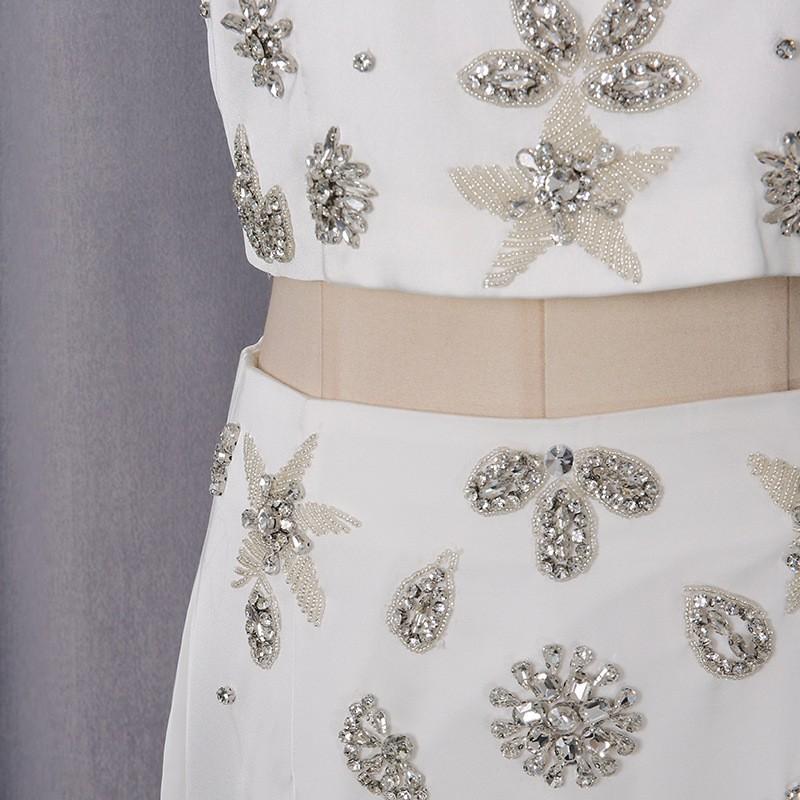 Pure White Light Luxury Diamond-encrusted Fishtail Dress Two-piece Women's Collar Sleeveless + Skirt