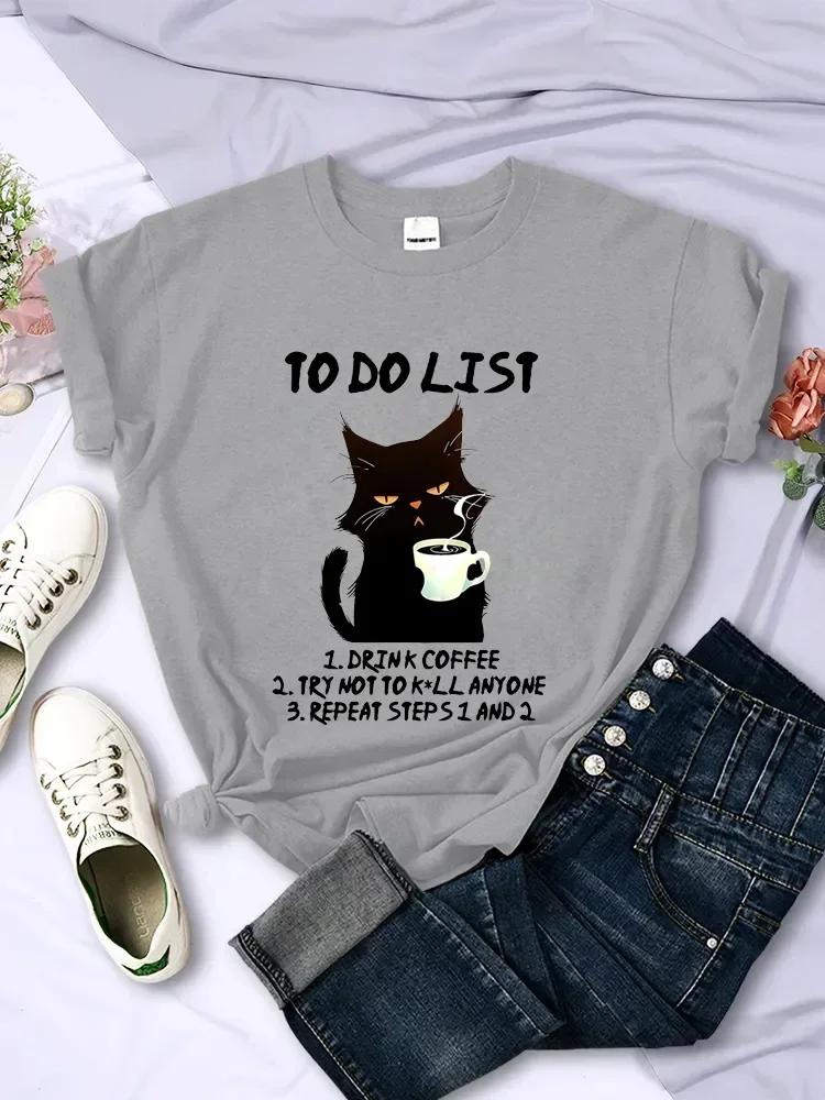 Black Cat To Do Graphic TShirts Funny Cat Coffee Tshirts Harajuku Harajuku Short Sleeve Casual Clothing Street Aesthetic Clothes