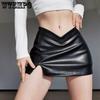 WTEMPO Gonna corta in pelle PU donna mini gonne a trapezio sottili divise nere a vita alta femminile Vintage Harajuku Streetwear
