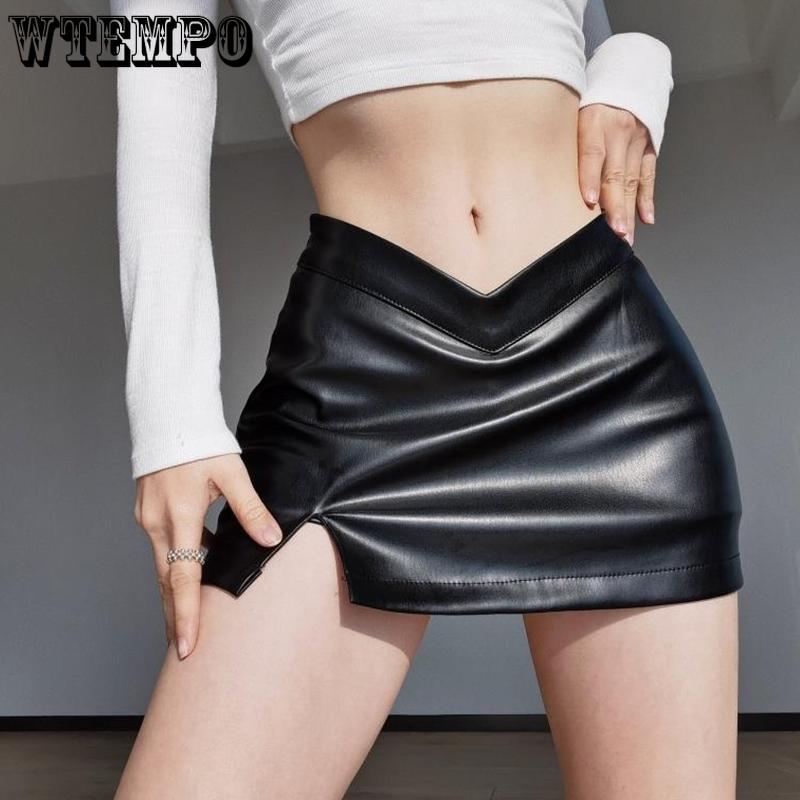WTEMPO Krátká sukně z PU kůže Dámská Černá Rozparek Slim Vysoký pas Áčková Mini sukně Dámská Vintage Harajuku Streetwear