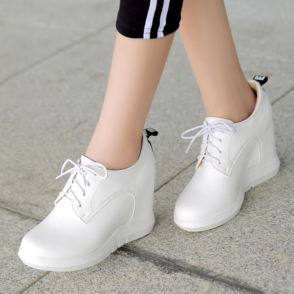 Women's Slope Heel Single Shoes Spring and Autumn Inner Height Increase Casual Lace-up Low-top Shoes