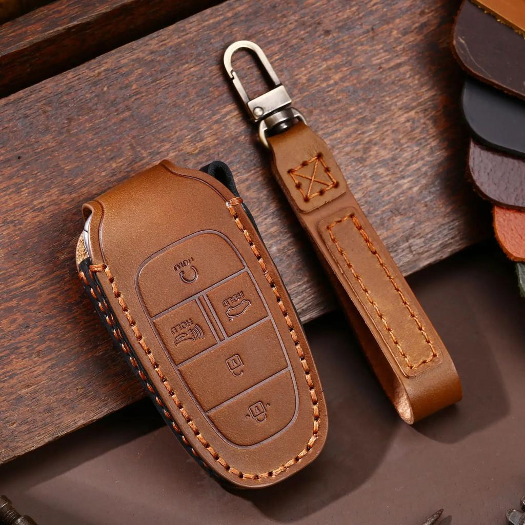 Leather Car Key Case Cover Fob Accessories for Hyundai Tucson Solaris Sonata Hybrid Nexo Nx4 Grand Santa Fe Keychain Holder Bag