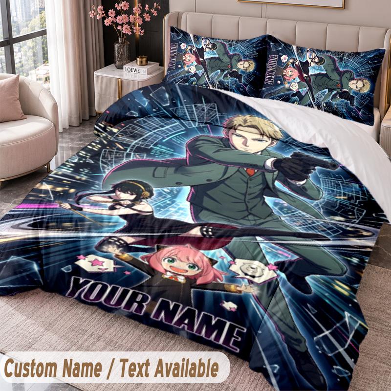 Custom Name Text 3Pcs Bedding Set Spy × Family Duvet Cover And Two Pillowcases