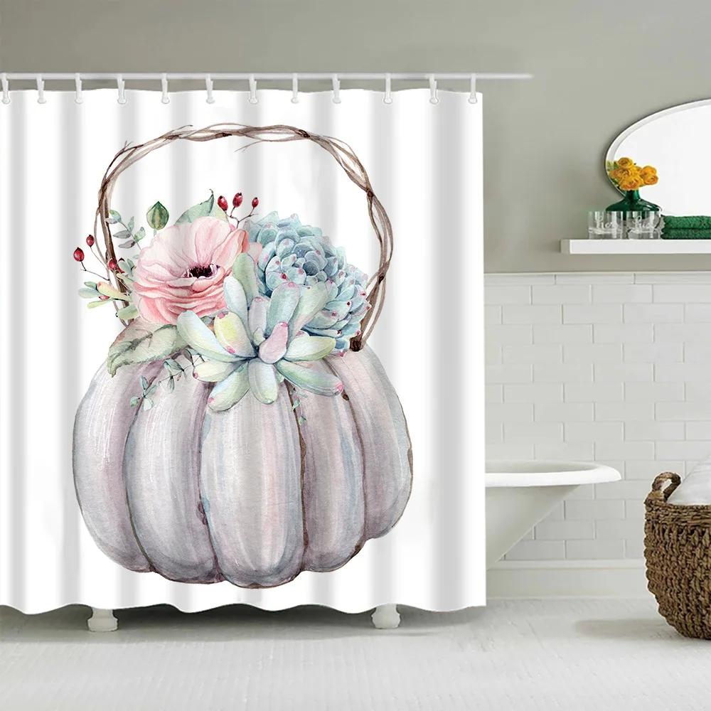 Shower Curtain Set Watercolor Pumpkins Halloween Thanksgiving Pumpkin Fall Serios Polyester Waterproof Shower Curtains Decor