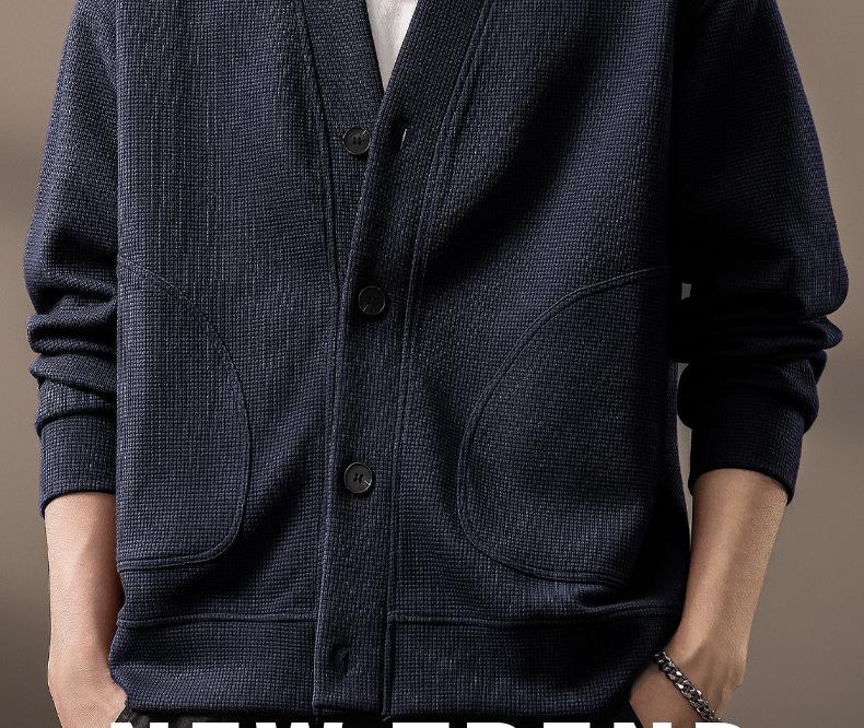 2025 Men's Japanese Retro Waffle Knit Hoodie - Winter Casual Fashion Long Sleeve Jacket
