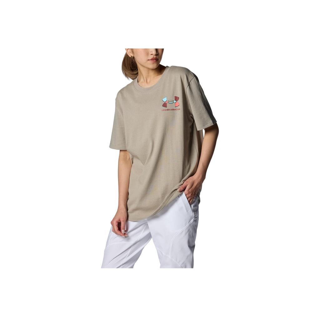 Under Armour Loose Logo Print Crew Neck Pullover Short Sleeve Drop Shoulder T-Shirt Women T-Shirts Khaki 1383047-203