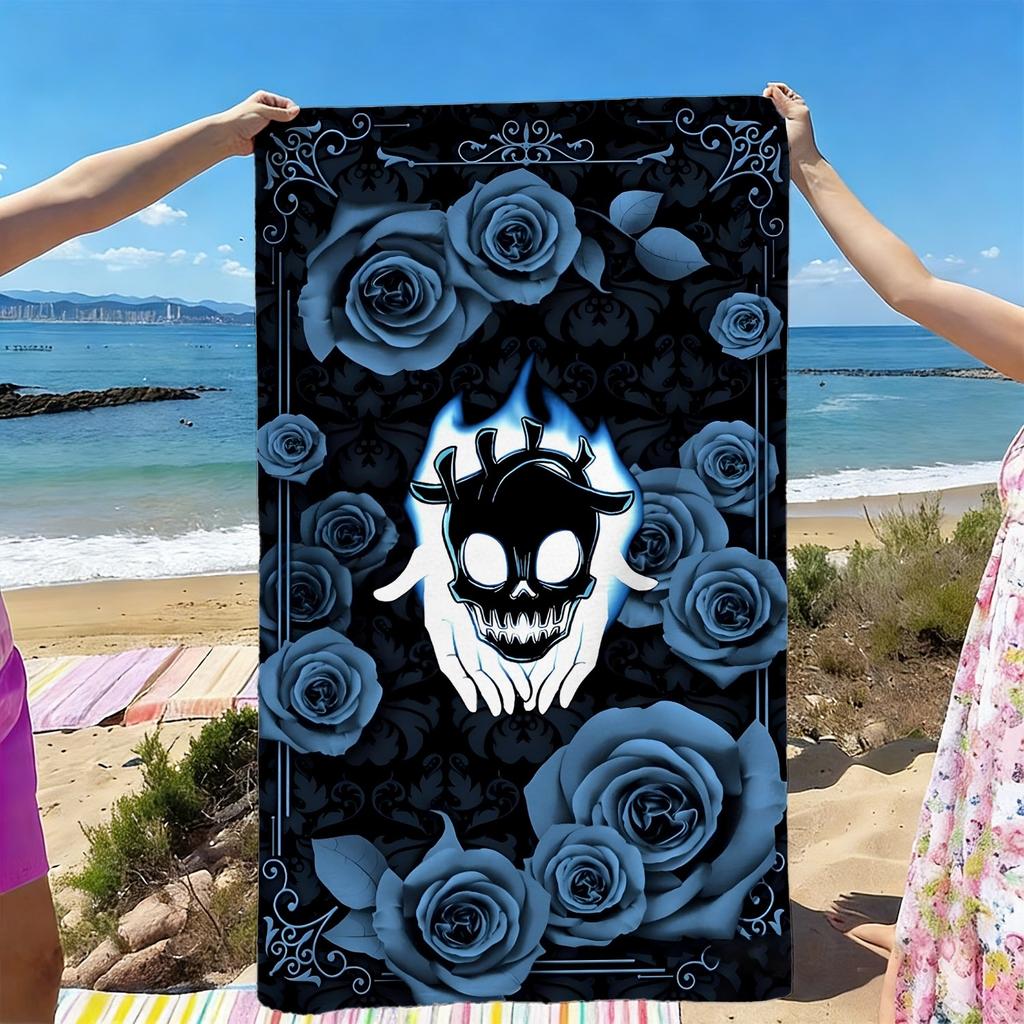Gothic Style Skull and Rose Pattern Polyester Microfiber Beach Towel Is Highly Absorbent Suitable for Swimming and Beach Outings