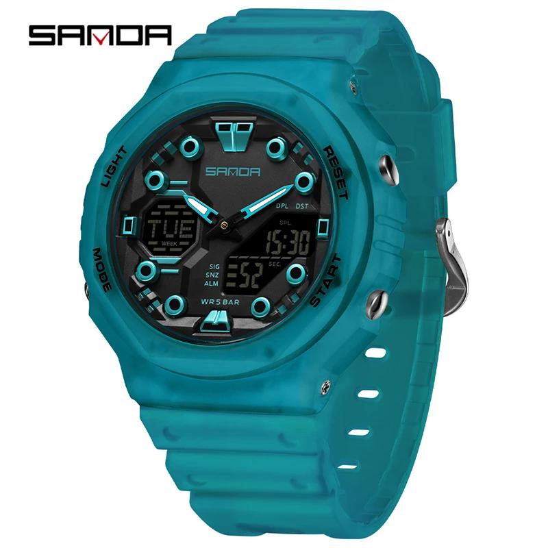 SANDA Military Men Sport Watch Stopwatch Alarm Countdown LED Light Digital Watches 50M Waterproof Dual-Display Quartz Wristwatch