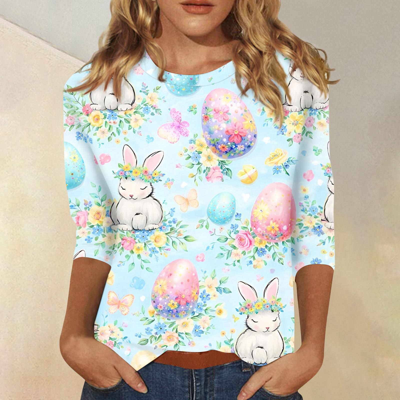 

Women s Fashionable Casual Three-quarter Sleeve Easter Print Round Neck Pullover Top S