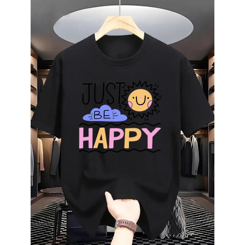 

European sizes Light Brown Just Be Happy Colorful Print Short Sleeve T-Shirt – Casual, Fresh Design with Smiling Sun & Clouds S чёрный