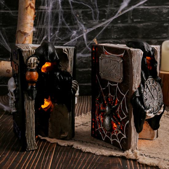 Halloween Skull Book Statue Spooky Resin Skull Spider Web Book Figurine with Grim Reaper Gothic Home Tabletop Decor