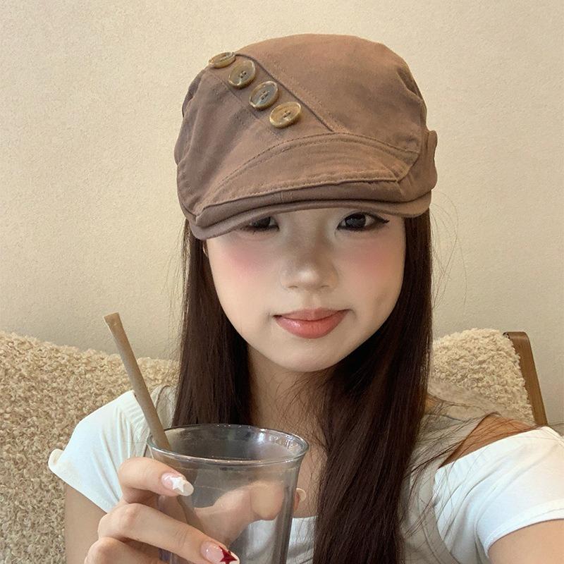 Personalized Retro Button Brown Forward Hat Children Autumn and Winter Spice Girl Big Head Circumference Show Face Small Beret