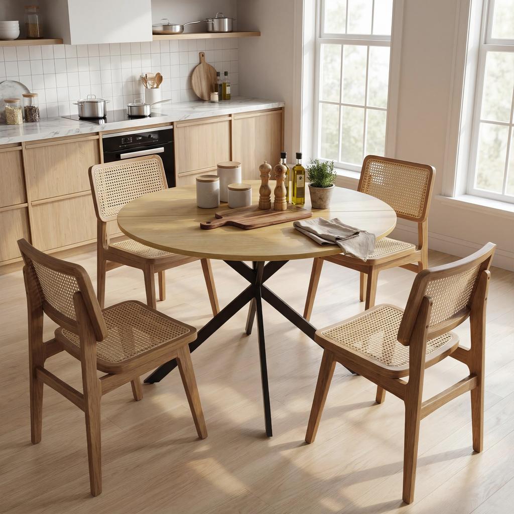 Round Dining Table for 4, 100 cm, Wood-Effect Top, Crossed Oak Steel Base